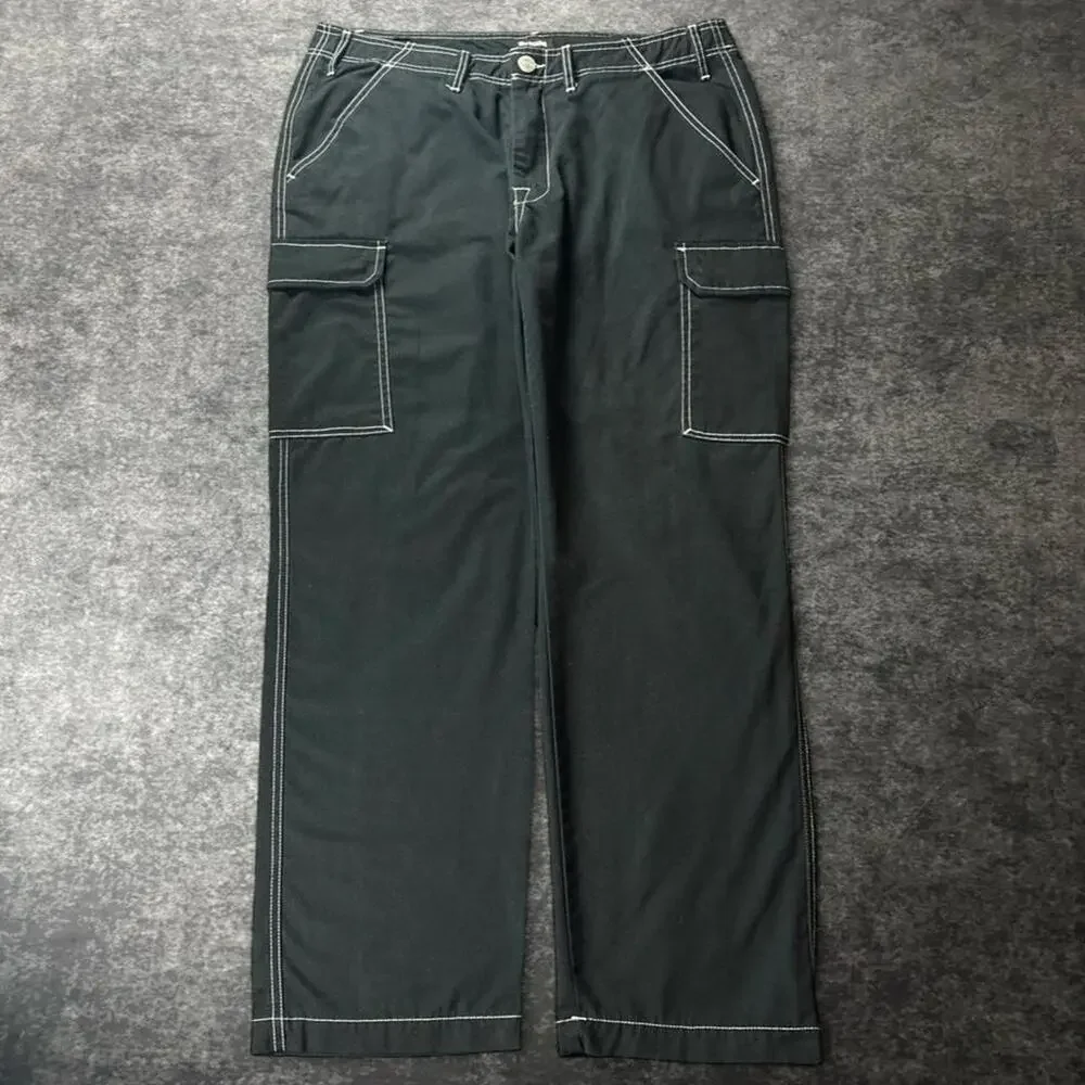 True Religion Men’s 36 Black Baggy Cargo Pants White Stitch Y2K Streetwear
